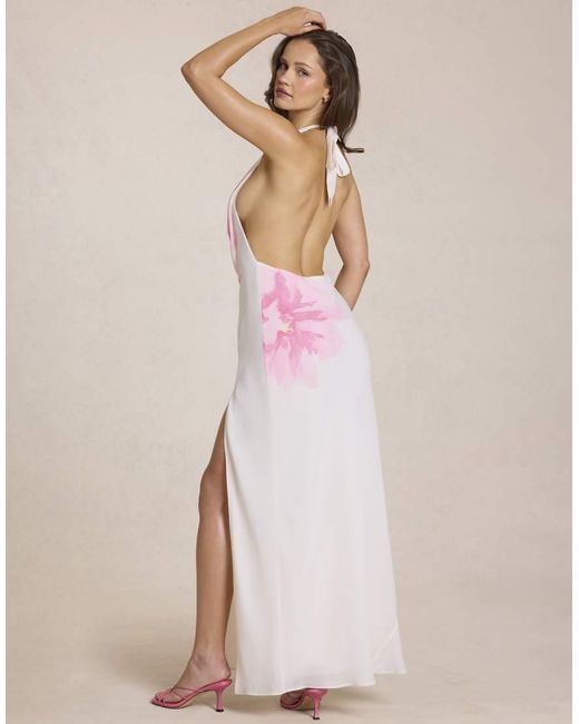 Oh Polly Natural Cowl Neck Backless Floral Print Maxi Dress