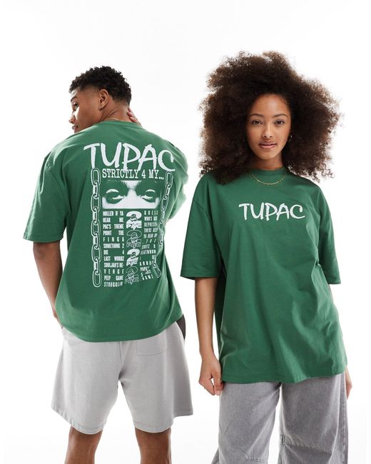 T-shirt unisex oversize con stampa di tupac su licenza di ASOS in Green