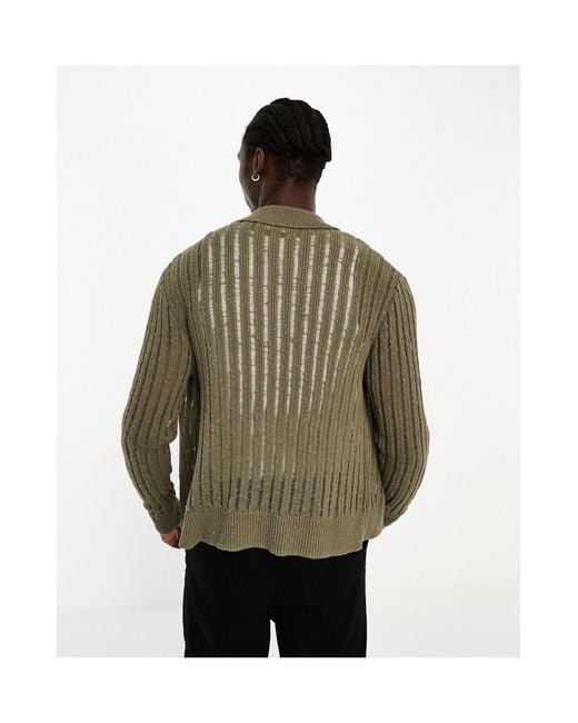 Weekday Green Fernando Relaxed Fit Open Ladder Knit Cardigan for men