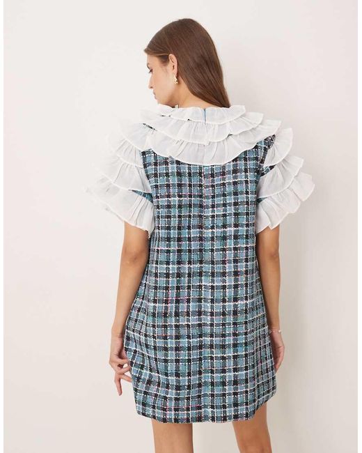 Sister Jane Blue Ruffle Top Tweed Check Mini Dress