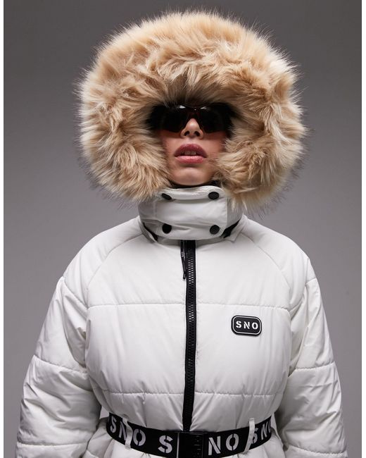 TOPSHOP Gray Sno Ski Coat With Belt And Faux Fur Trim Hood