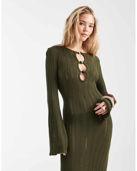 4th & Reckless Green Knitted Keyhole Bead Detail Flare Sleeve Maxi Beach Dress