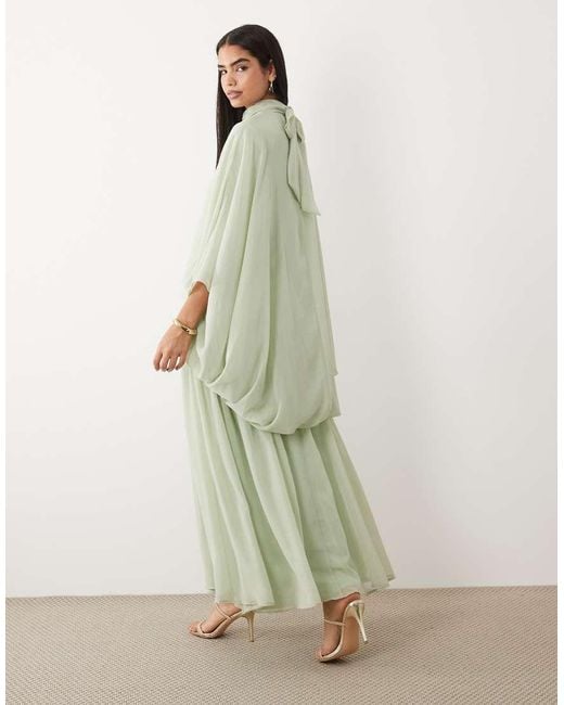 DASKA Green Chiffon High Neck Blousson Maxi Dress
