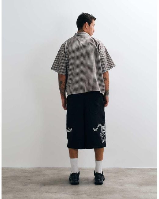 True Religion Black Tiger Graphic Script Loose Fit Fleece Shorts for men