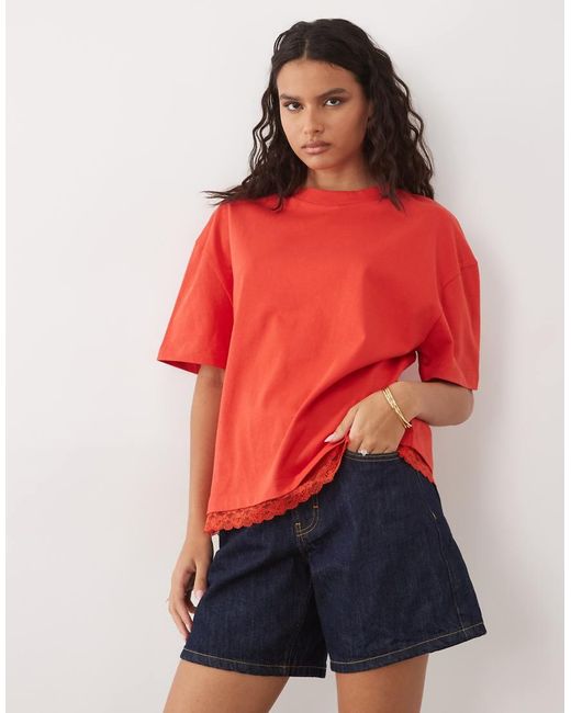 ASOS Red Oversized T Shirt With Lace Trim At Hem In