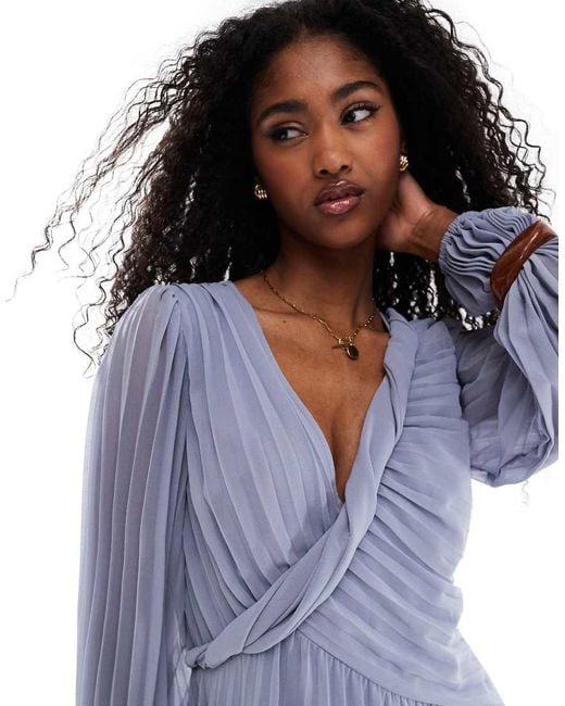 ASOS Purple Twist Detail Wrap Front Pleated Midi Dress
