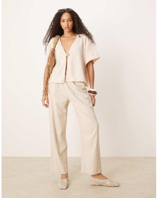 ASOS Natural Fluffy Chenille Short Sleeve Cardigan With Gold Detail Button