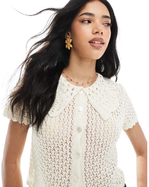 Miss Selfridge White Knit Pointelle Button Up Top