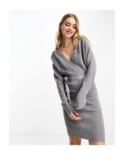 Vero Moda Gray Wrap Belted Long Sleeve Knitted Mini Dress
