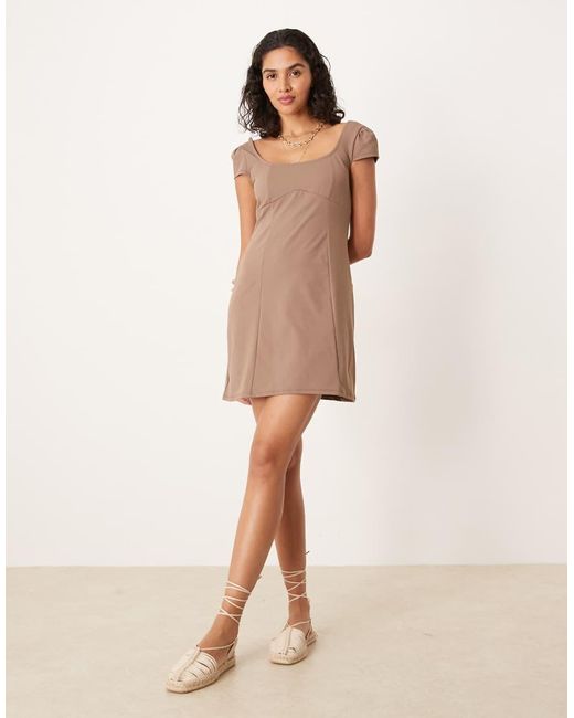 ASOS Brown Square Neck Cap Sleeve Seam Detail Mini Dress