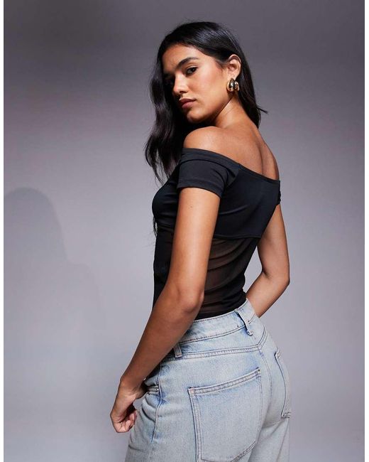 ASOS Gray Bardot Mesh Mix Panel Top