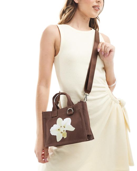 Stradivarius Natural Mini Canvas Bag With Flower Detail