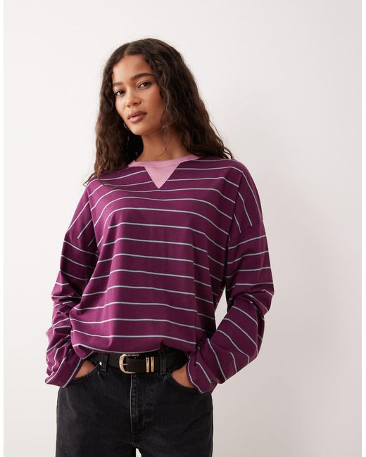 ASOS Purple Long Sleeve Stripe Top With Contrast Notch Crew Neck Detail