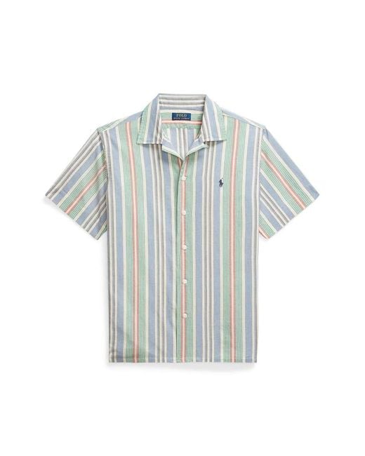 Polo Ralph Lauren Blue Short Sleeve Icon Logo Multi Stripe Shirt Classic Oversized Fit for men