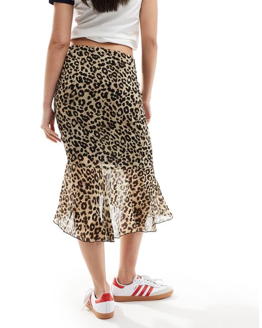 Mango Brown Leopord Print Midi Skirt With Aysmmetric Hem