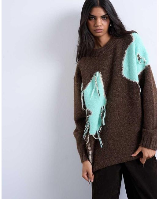 TOPSHOP Gray Knitted Placement Floral Tassel Jumper