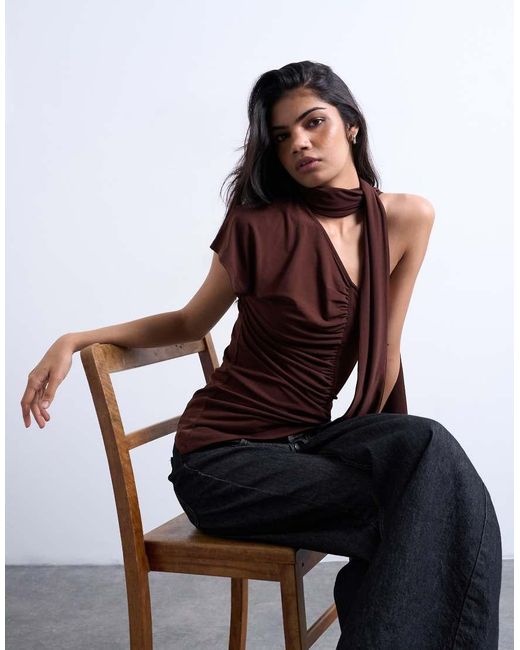 TOPSHOP Brown Ruched Scarf Detail Asymmetric Hem Top