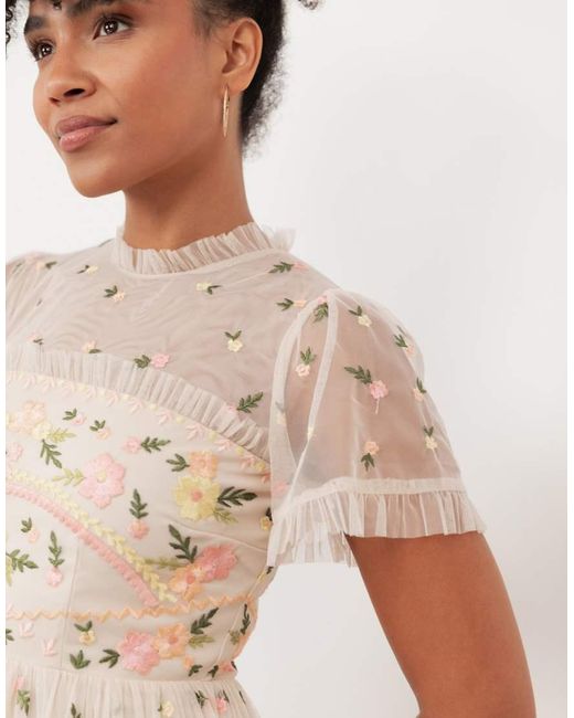 Maya Natural Embroidered Short Sleeve High Neck Mini Dress