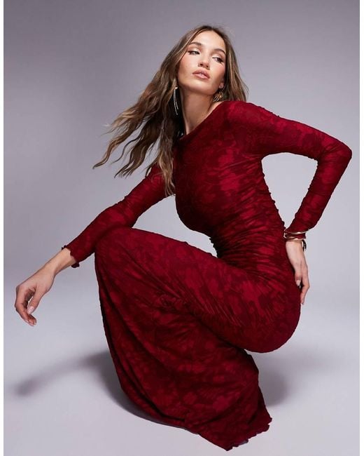 ASOS Red Devore Long Sleeve Ruched Maxi Dress