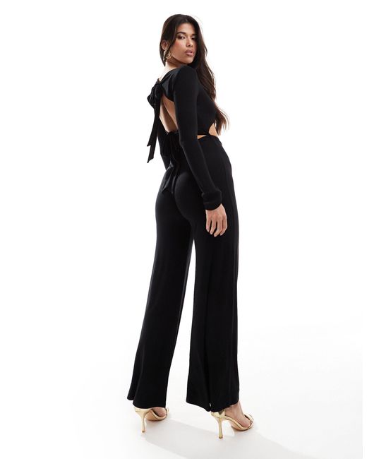 ASOS Black Long Sleeve Asymmetric Cut Out Jumpsuit With Tie Back