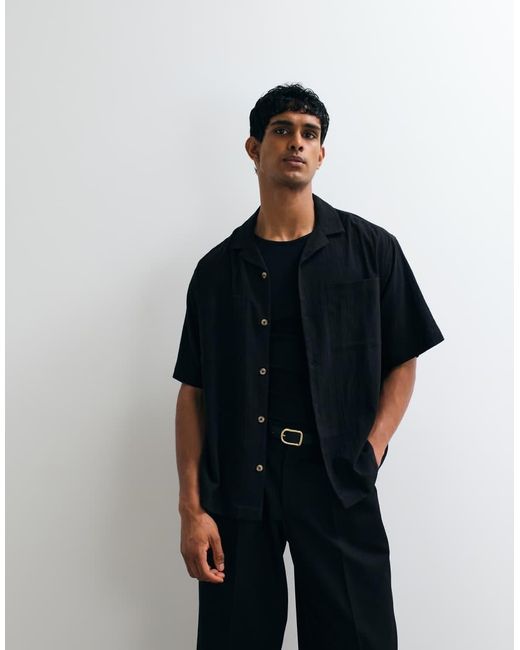 ASOS Black Oversized Revere Crinkle Texture Shirt for men