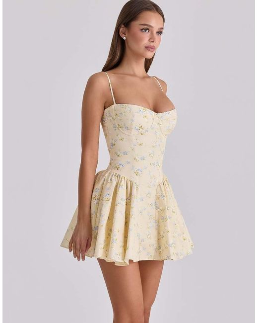 House Of Cb Natural Samaria Lemon Floral Print Cotton Corset Mini Dress