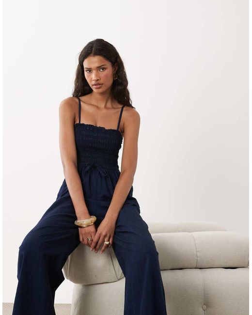 ASOS Blue Shirred Denim Jumpsuit