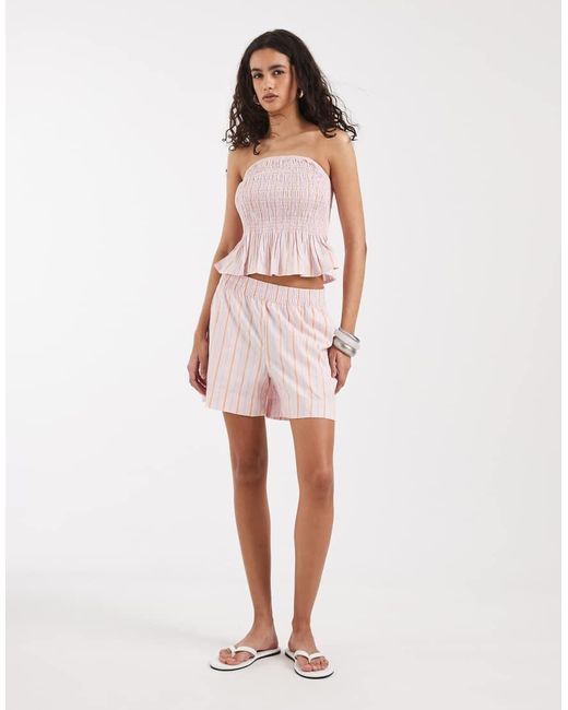 Vero Moda Pink Poplin Shirred Peplum Hem Bandeau Top Co-ord