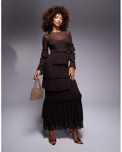 Never Fully Dressed Black Sheer Ruffle Mesh Maxi Dress