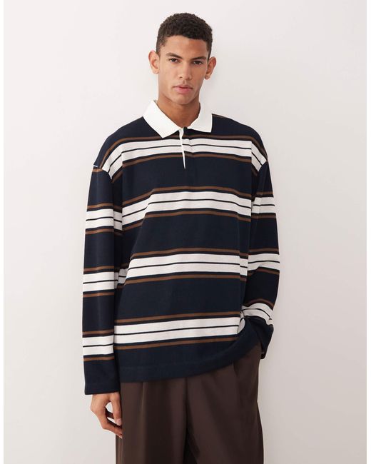 ASOS Blue Heavyweight Oversized Long Sleeve Rugby Polo for men