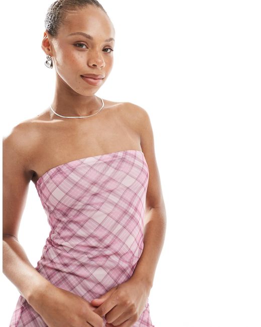 New Look Pink Check Mesh Bandeau Mini Dress