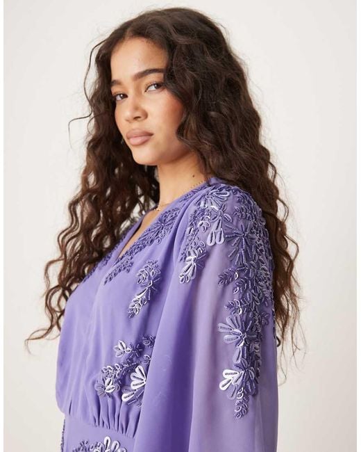 Hope & Ivy Purple Hartley Plunge Front Embellished Maxi Dress With Flutter Sleeves