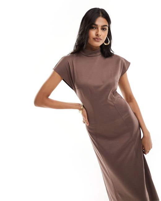 ASOS Brown High Neck Midi Dress With Capped Sleeve & Seam Detail