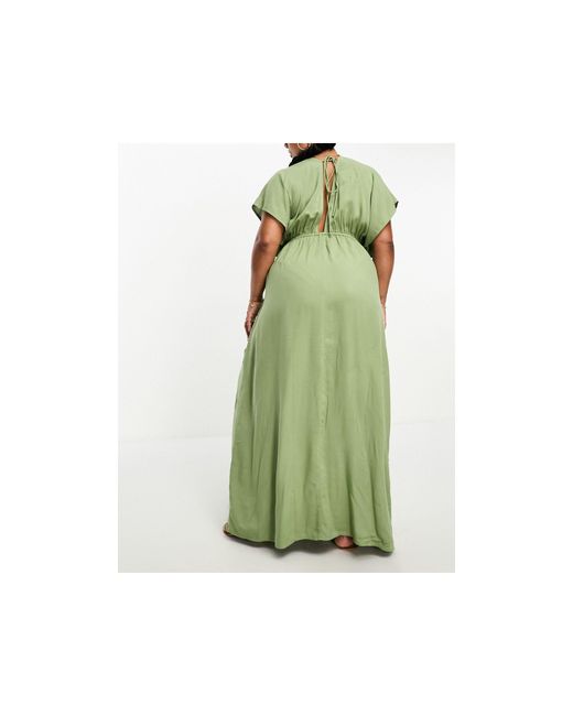ASOS Green Asos Design Curve Flutter Sleeve Maxi Beach Dress With Tie Detail