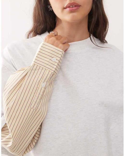 Lioness 2 In 1 Oversized T-shirt Overlay And Striped Long Sleeve Shirt In White And Beige Stripe
