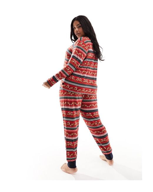 Chelsea Peers Plus Christmas Deer Fairisle Long Pyjamas in Red