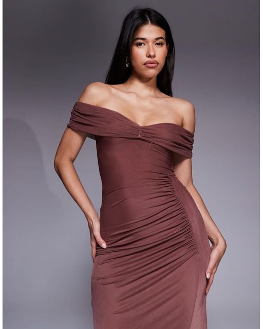 ASOS Purple – gerafftes, schulterfreies maxikleid