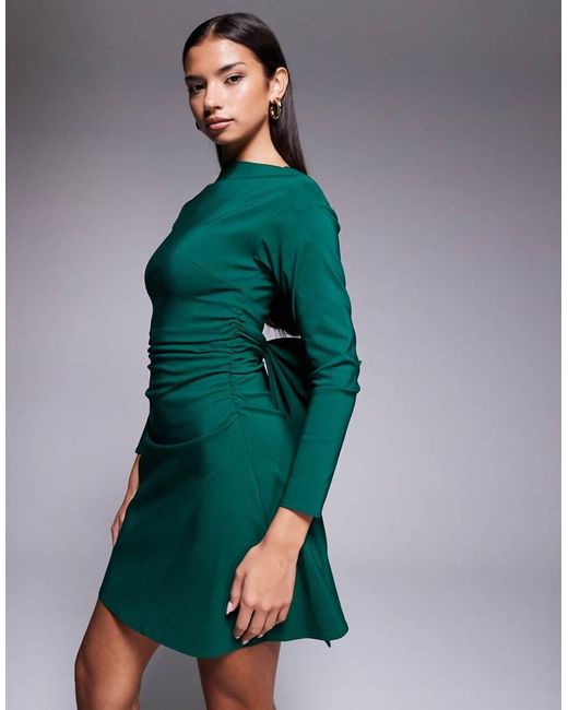 TFNC London Green Bengaline Long Sleeve A-Line Bow Back Mini Dress