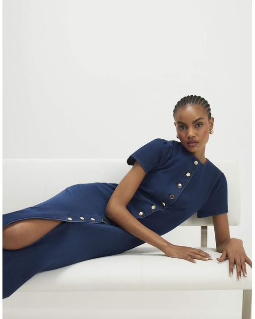 River Island Blue Denim Button Cap Sleeve Midi Dress