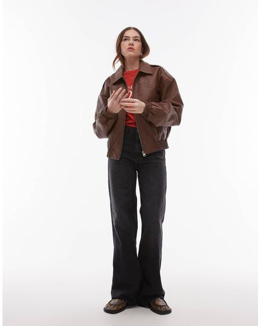 TOPSHOP Brown Faux Leather Oversized Bomber Jacket
