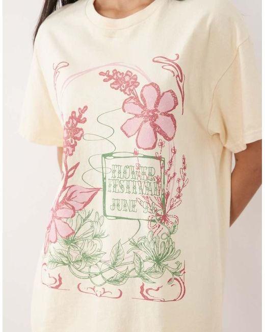 Miss Selfridge Natural Oversized T-Shirt With Flower Festival Graphic