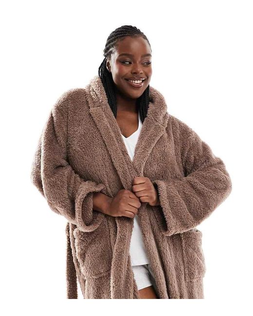 womens brown dressing gown Loungeable Curve Cosy Sherpa Hooded Maxi in length dressing gown features DOE AND RAE GLS Collective GL3833 Beaded Width:C (Narrow)