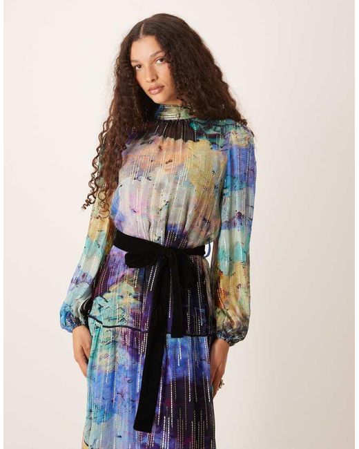 Hope & Ivy Blue High Neck Maxi Dress With Tie Waist