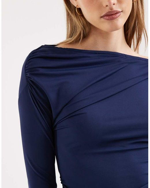 ASOS Blue Long Sleeve With Slash Neck And Ruching Top