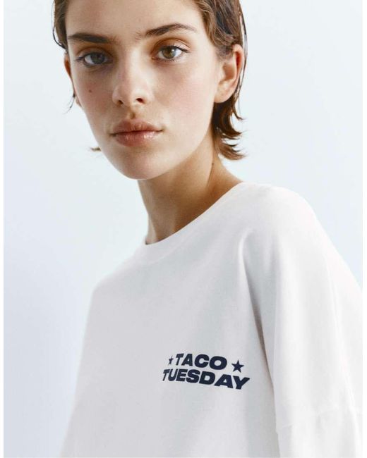 Pull&Bear White Long Sleeve Slogan T-Shirt