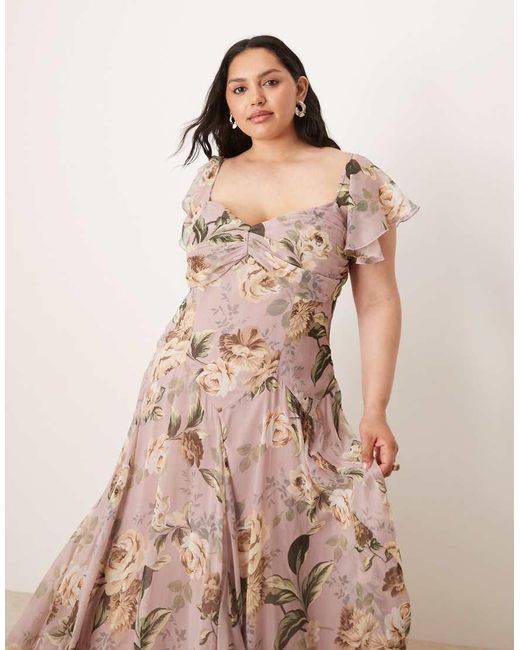 Vestido Midi Lila Con Estampado Floral, Cintura Baja Y Falda De Corte Amplio De Asos Design Curve ASOS de color Natural