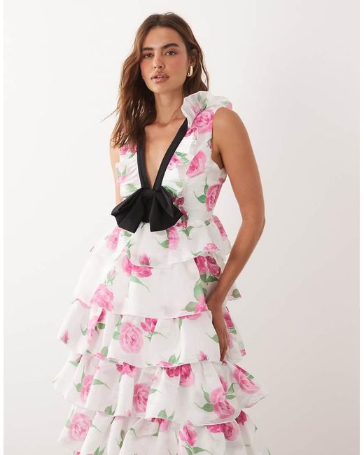 Sister Jane Pink Dream Pernilla V-Neck Sleeveless Bow Detail Tiered Ruffle Skirt Maxi Dress