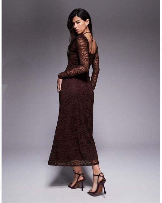 ASOS Brown Lace Long Sleeve Tie Front Midi Dress