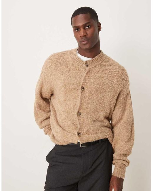ASOS Natural Relaxed Boxy Fit Textured Knitted Crew Neck Cardigan for men