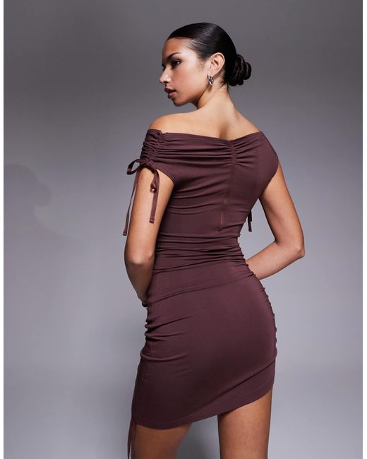 I.AM.GIA Purple Asha Shir Slinky Ruched Tie Detail Off Shoulder Mini Dress